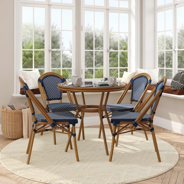 Flash Furniture Bordeaux French Bistro 31.5in. Tbl, Navy and White PE Rattan, Glass Top w/4 Stack Chairs - Natural SDA-AD641012-80-4001-NVYWH-NAT-GG - main
